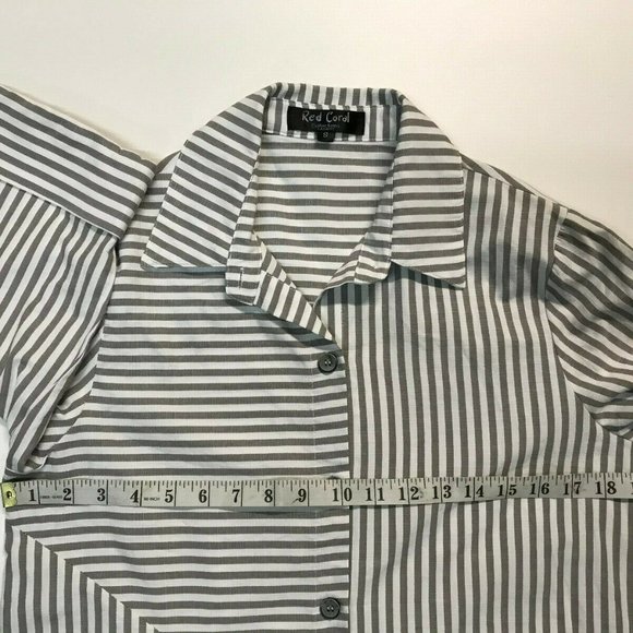 Red Coral Striped Tunic Shirt Asymmetric Hem Top White/Grey Oversized Flowy - Picture 7 of 7